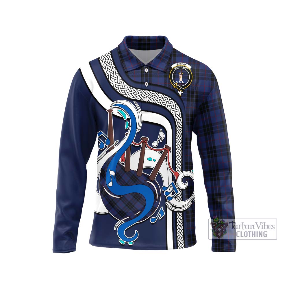 Tartan Vibes Clothing MacKay Blue #02 Tartan Long Sleeve Polo Shirt with Epic Bagpipe Style