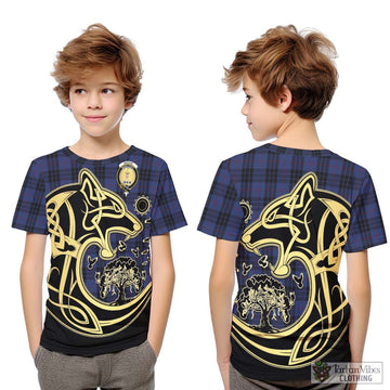 Tartan Vibes Clothing MacKay Blue #02 Tartan Kid T-Shirt with Family Crest Celtic Wolf Style