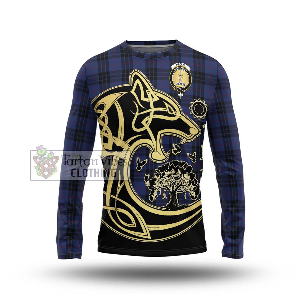 Tartan Vibes Clothing MacKay Blue #02 Tartan Long Sleeve T-Shirt with Family Crest Celtic Wolf Style