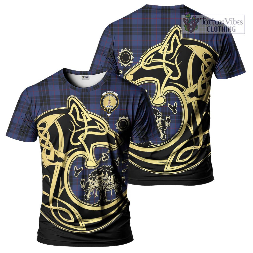 Tartan Vibes Clothing MacKay Blue #02 Tartan T-Shirt with Family Crest Celtic Wolf Style