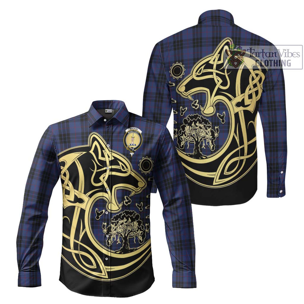 Tartan Vibes Clothing MacKay Blue #02 Tartan Long Sleeve Button Shirt with Family Crest Celtic Wolf Style