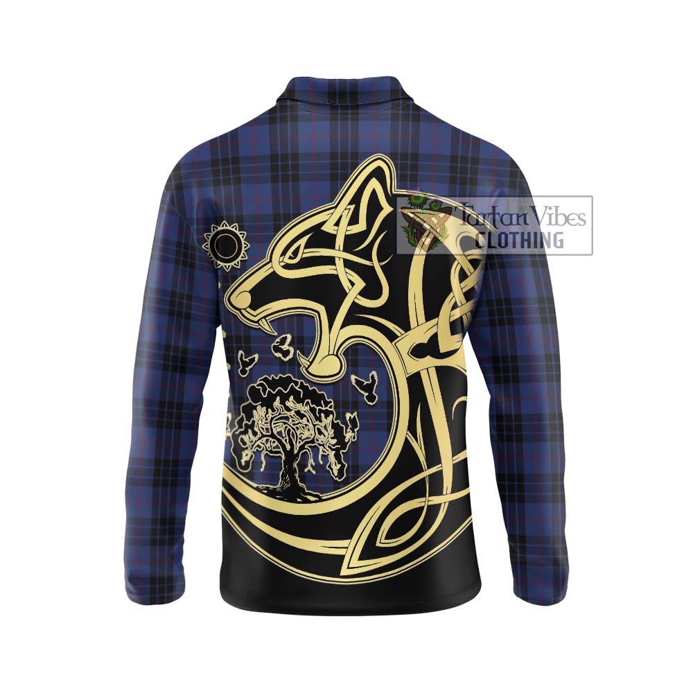 Tartan Vibes Clothing MacKay Blue #02 Tartan Long Sleeve Polo Shirt with Family Crest Celtic Wolf Style