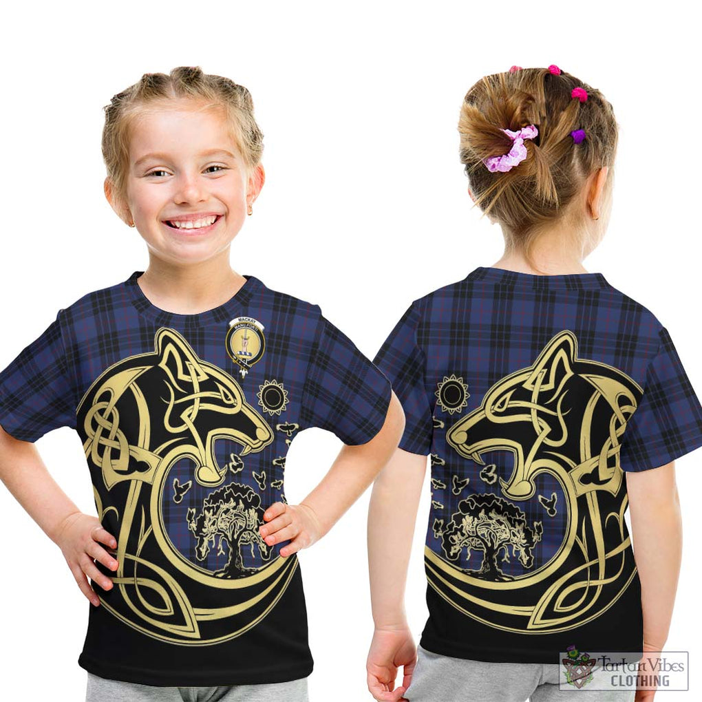 Tartan Vibes Clothing MacKay Blue #02 Tartan Kid T-Shirt with Family Crest Celtic Wolf Style