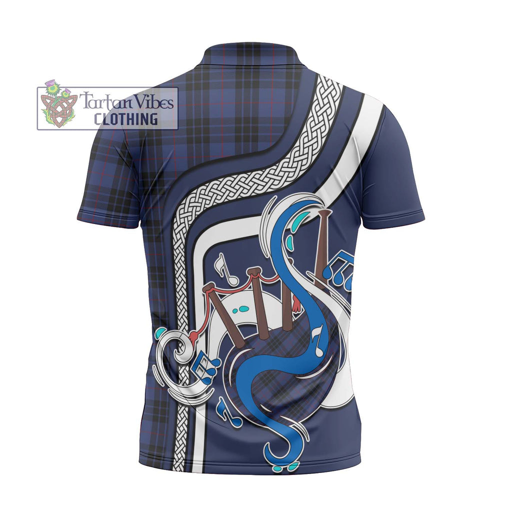 Tartan Vibes Clothing MacKay Blue #02 Tartan Zipper Polo Shirt with Epic Bagpipe Style