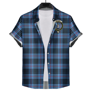 MacKay Blue Tartan Short Sleeve Button Down Shirt with Family Crest