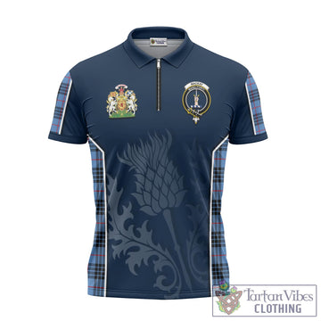 MacKay Blue Tartan Zipper Polo Shirt with Family Crest and Scottish Thistle Vibes Sport Style