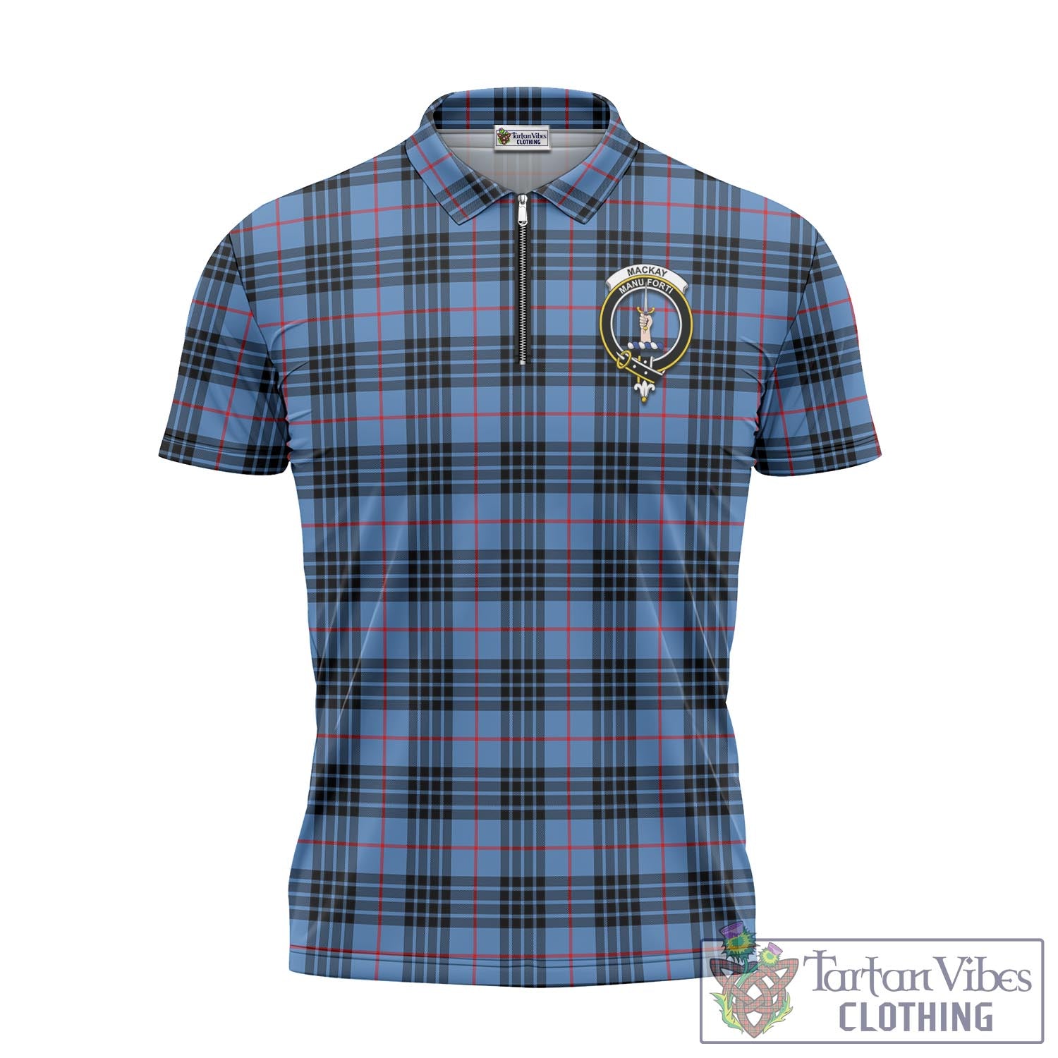 Tartan Vibes Clothing MacKay Blue Tartan Zipper Polo Shirt with Family Crest