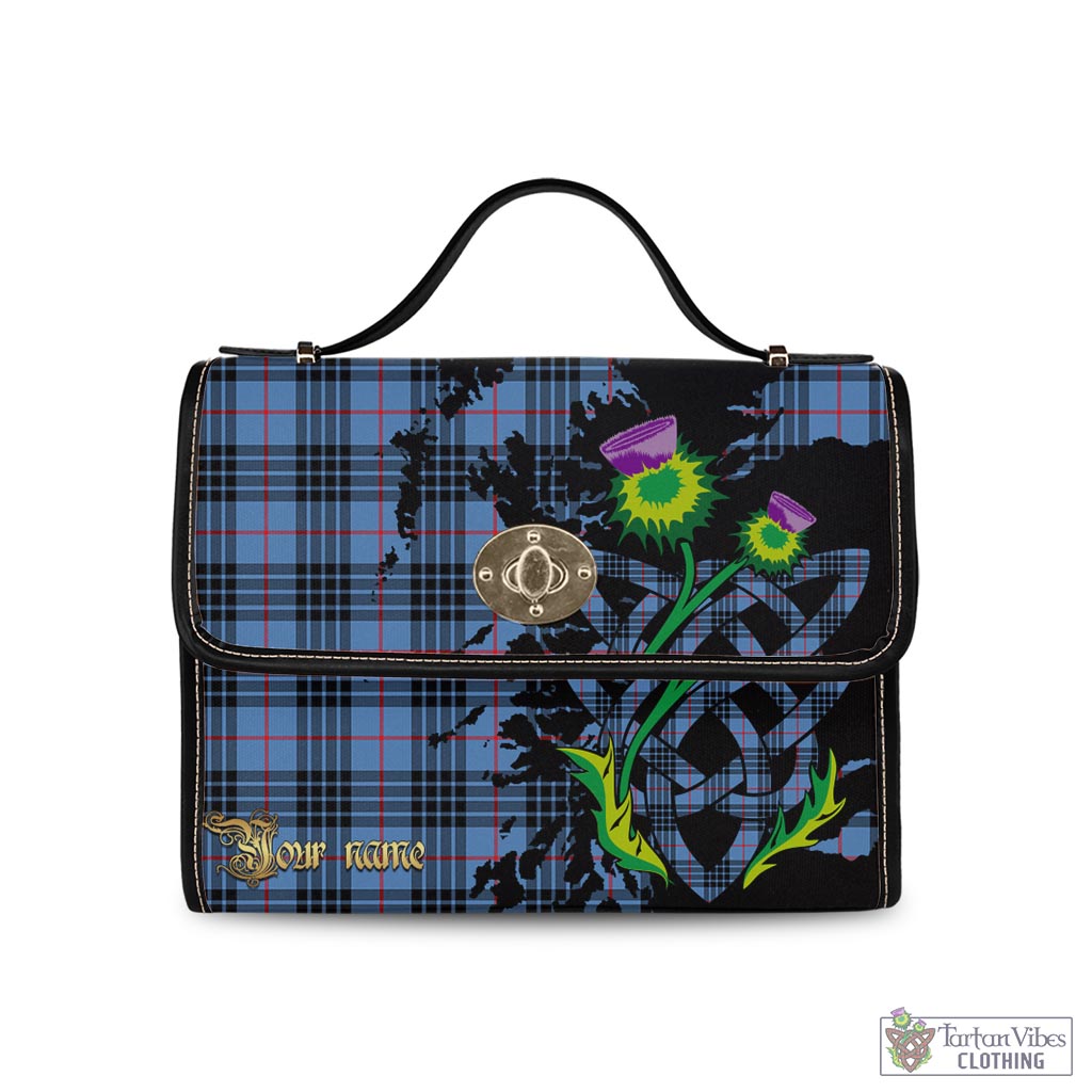 Tartan Vibes Clothing MacKay Blue Tartan Waterproof Canvas Bag with Scotland Map and Thistle Celtic Accents