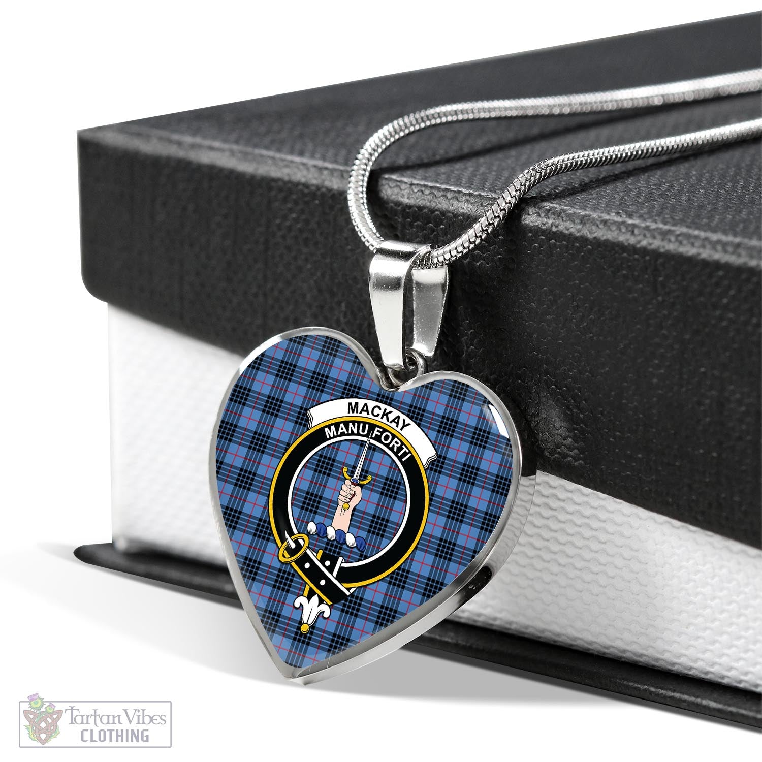 Tartan Vibes Clothing MacKay Blue Tartan Heart Necklace with Family Crest