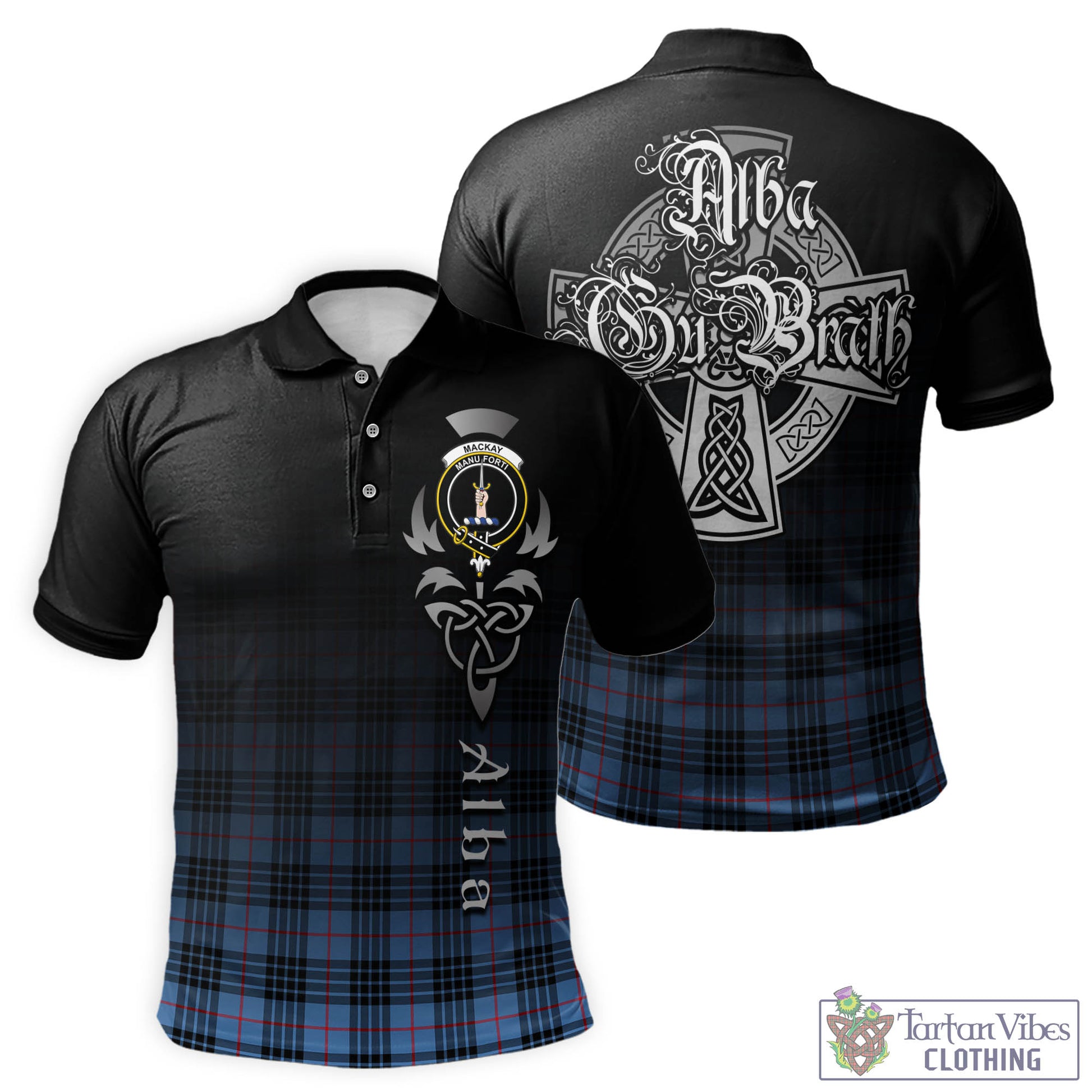 Tartan Vibes Clothing MacKay Blue Tartan Polo Shirt Featuring Alba Gu Brath Family Crest Celtic Inspired