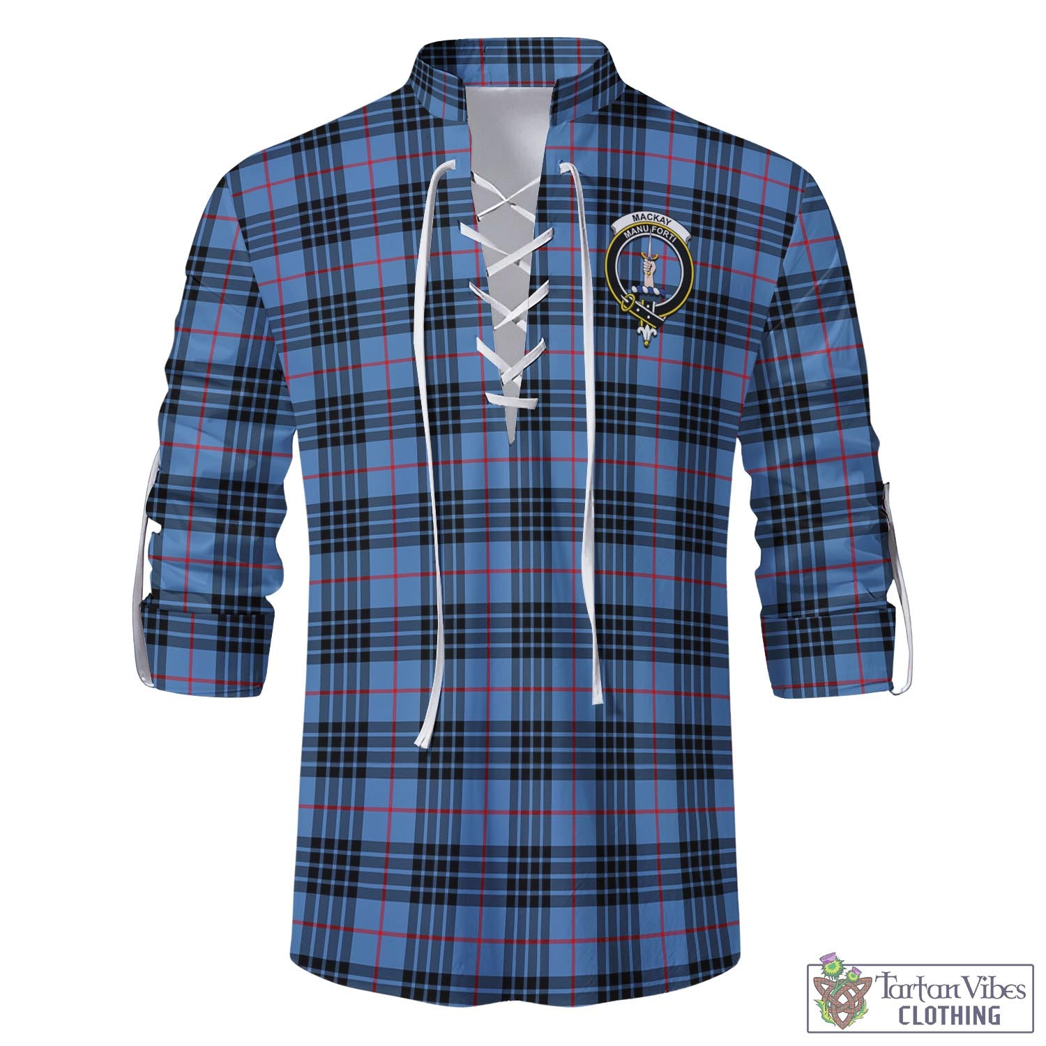 Tartan Vibes Clothing MacKay Blue Tartan Men's Scottish Traditional Jacobite Ghillie Kilt Shirt with Family Crest