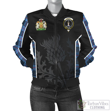 MacKay Blue Tartan Bomber Jacket with Family Crest and Scottish Thistle Vibes Sport Style