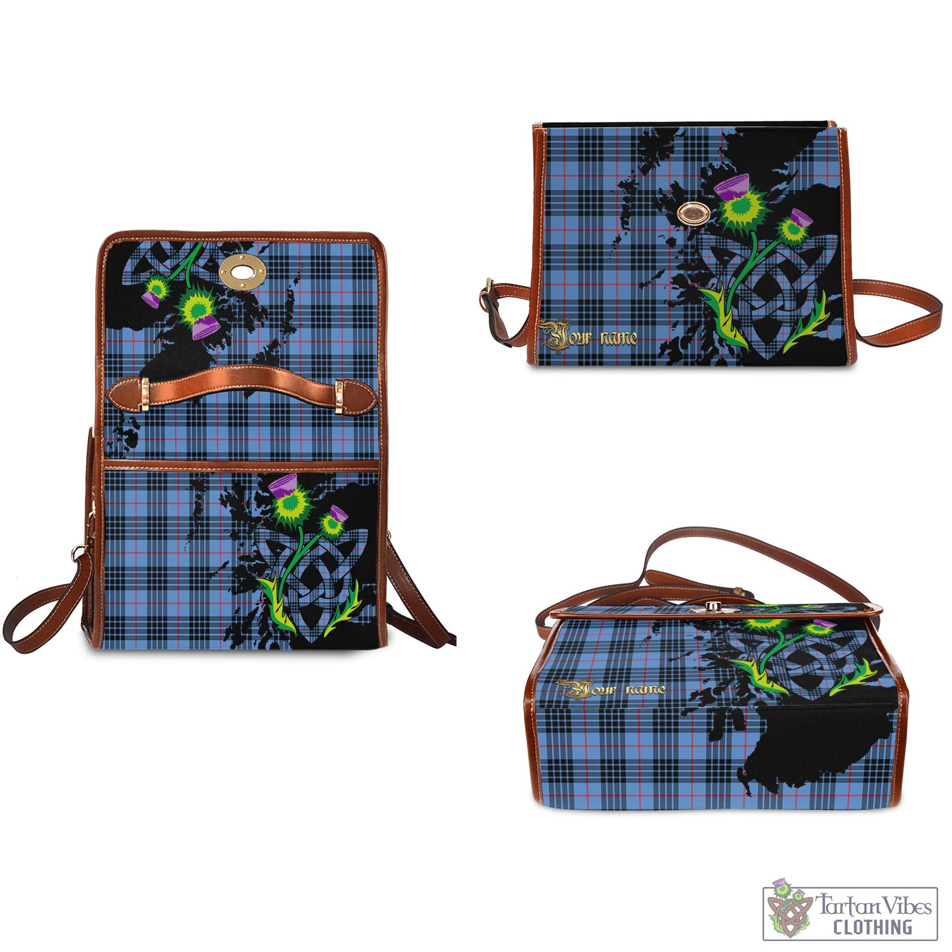 Tartan Vibes Clothing MacKay Blue Tartan Waterproof Canvas Bag with Scotland Map and Thistle Celtic Accents