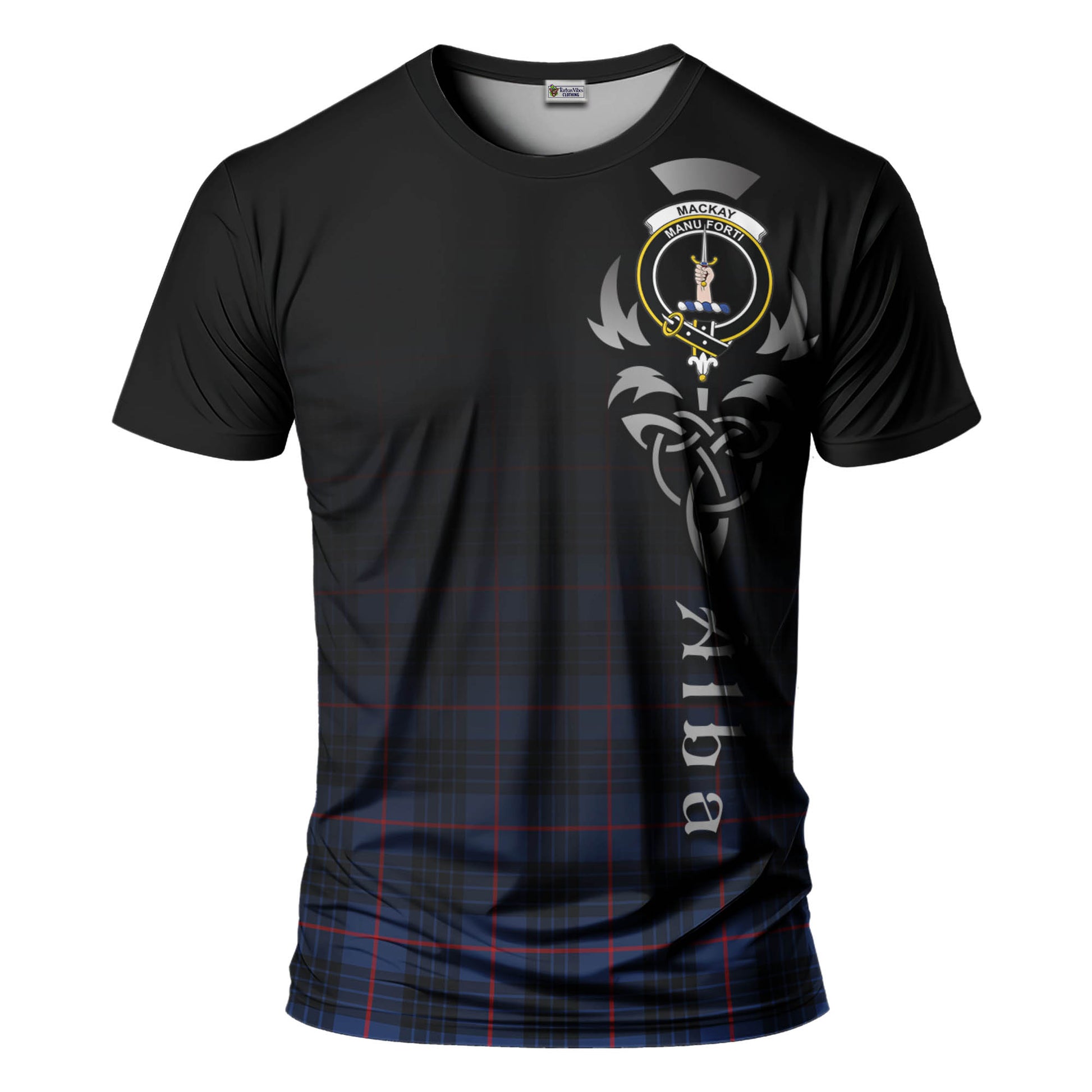Tartan Vibes Clothing MacKay Blue Modern Tartan T-Shirt Featuring Alba Gu Brath Family Crest Celtic Inspired