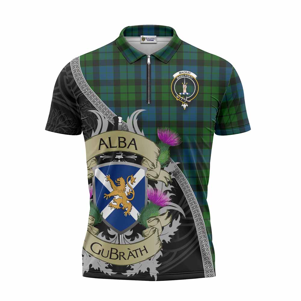 Tartan Vibes Clothing MacKay (McKay) Tartan Family Crest Zipper Polo Shirt Lion Rampant Royal Thistle Shield Celtic Inspired