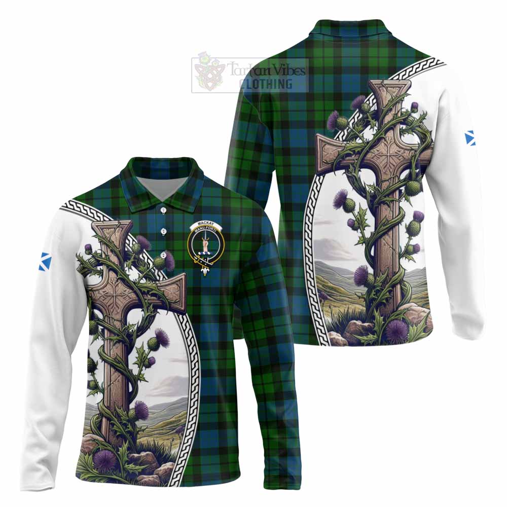 Tartan Vibes Clothing MacKay (McKay) Tartan Long Sleeve Polo Shirt with Family Crest and St. Andrew's Cross Accented by Thistle Vines