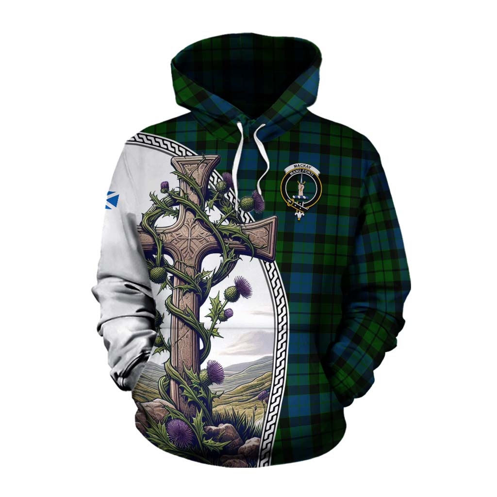 Tartan Vibes Clothing MacKay (McKay) Tartan Cotton Hoodie with Family Crest and St. Andrew's Cross Accented by Thistle Vines
