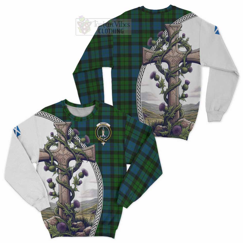 Tartan Vibes Clothing MacKay (McKay) Tartan Sweatshirt with Family Crest and St. Andrew's Cross Accented by Thistle Vines