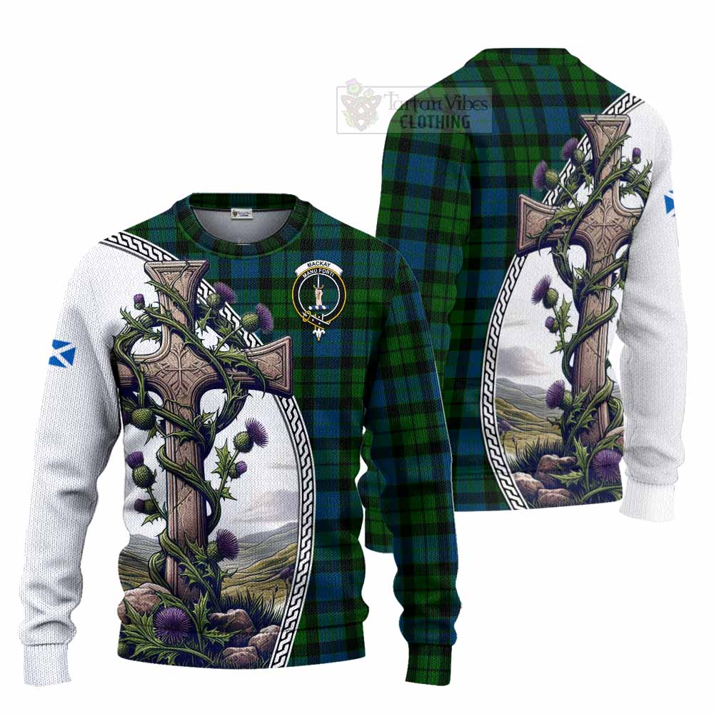 Tartan Vibes Clothing MacKay (McKay) Tartan Knitted Sweater with Family Crest and St. Andrew's Cross Accented by Thistle Vines