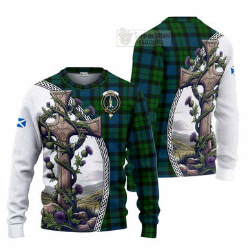 Tartan Vibes Clothing MacKay (McKay) Tartan Knitted Sweater with Family Crest and St. Andrew's Cross Accented by Thistle Vines