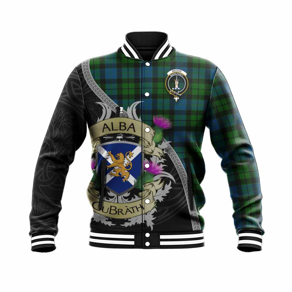 Tartan Vibes Clothing MacKay (McKay) Tartan Family Crest Baseball Jacket Lion Rampant Royal Thistle Shield Celtic Inspired
