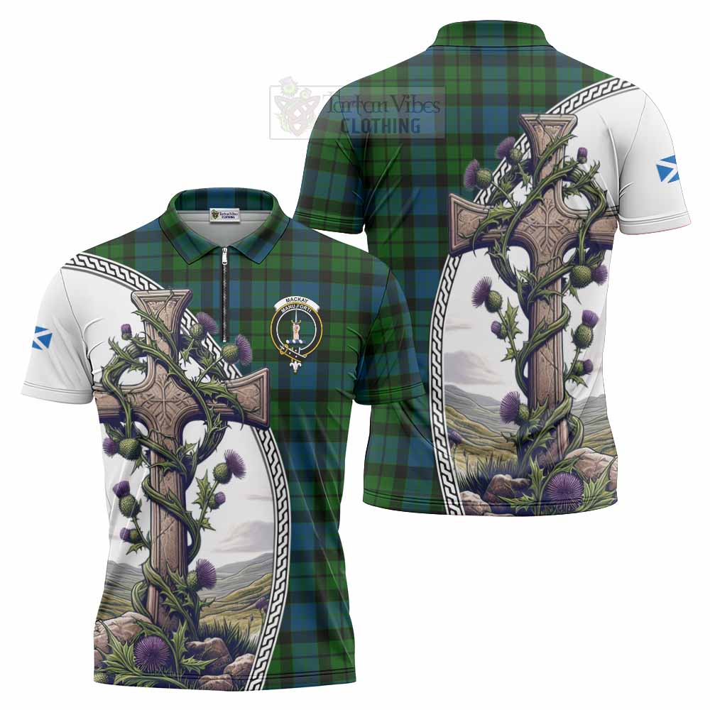 Tartan Vibes Clothing MacKay (McKay) Tartan Zipper Polo Shirt with Family Crest and St. Andrew's Cross Accented by Thistle Vines