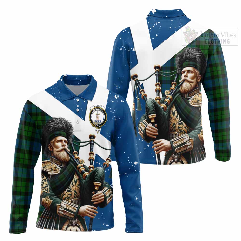 Tartan Vibes Clothing MacKay (McKay) Tartan Long Sleeve Polo Shirt with Family Crest Scottish Bagpiper Vibes