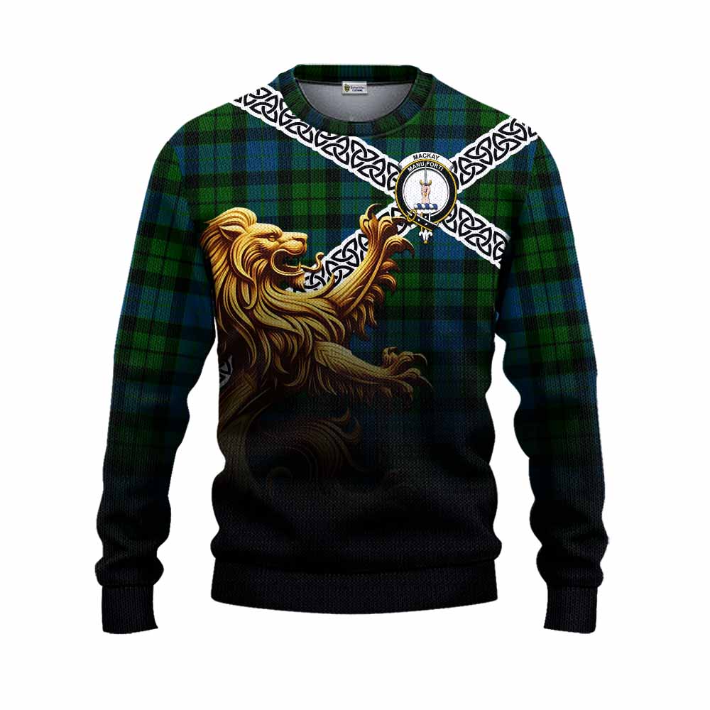 Tartan Vibes Clothing MacKay (McKay) Crest Tartan Knitted Sweater with Golden Lion Emblem Celtic Style