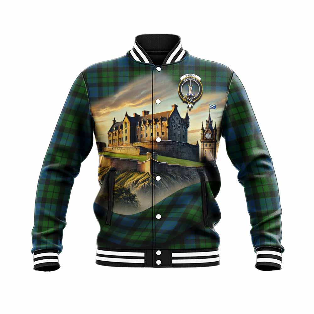 Tartan Vibes Clothing MacKay (McKay) Tartan Family Crest Baseball Jacket with Scottish Ancient Castle Style