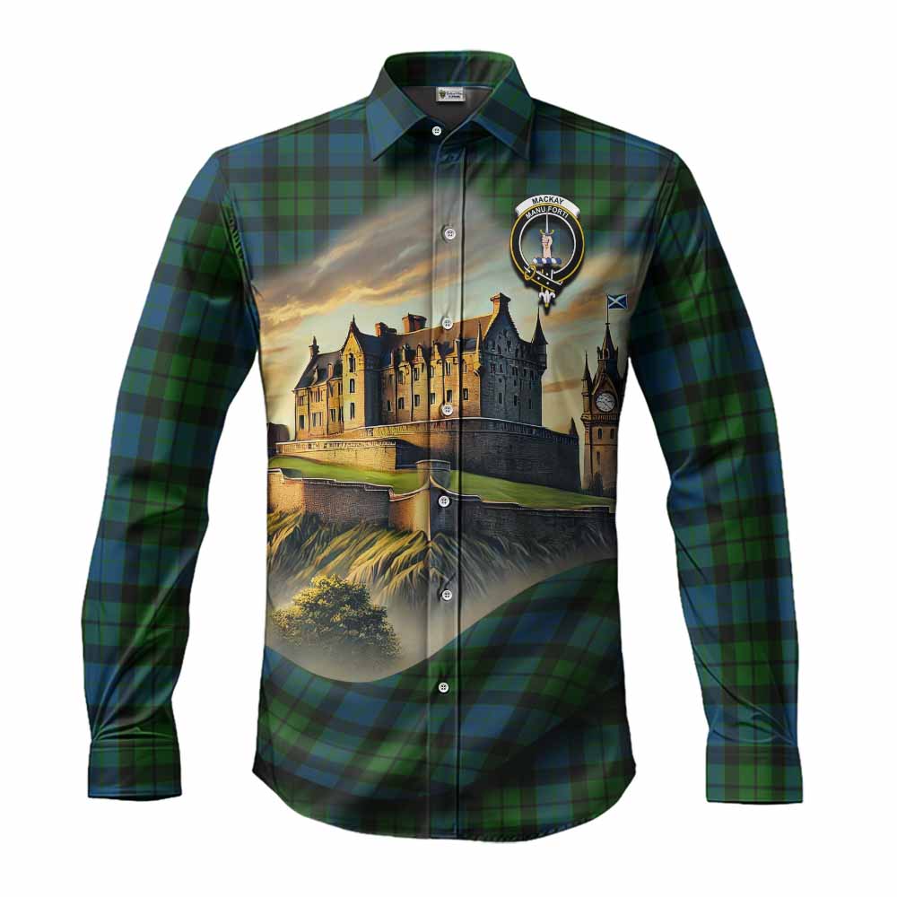 Tartan Vibes Clothing MacKay (McKay) Tartan Family Crest Long Sleeve Button Shirt with Scottish Ancient Castle Style