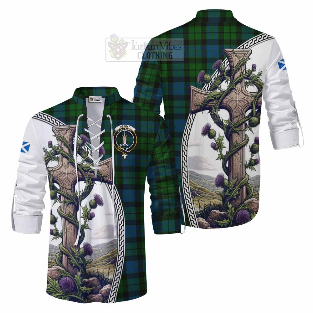 Tartan Vibes Clothing MacKay (McKay) Tartan Ghillie Kilt Shirt with Family Crest and St. Andrew's Cross Accented by Thistle Vines