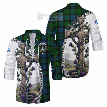 Tartan Vibes Clothing MacKay (McKay) Tartan Ghillie Kilt Shirt with Family Crest and St. Andrew's Cross Accented by Thistle Vines