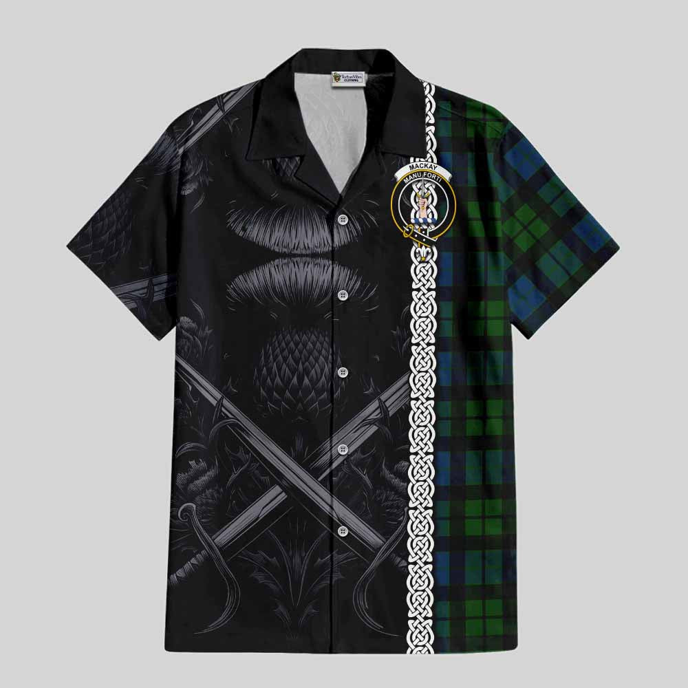 Tartan Vibes Clothing MacKay (McKay) Tartan Short Sleeve Button Shirt with Family Crest Cross Sword Thistle Celtic Vibes