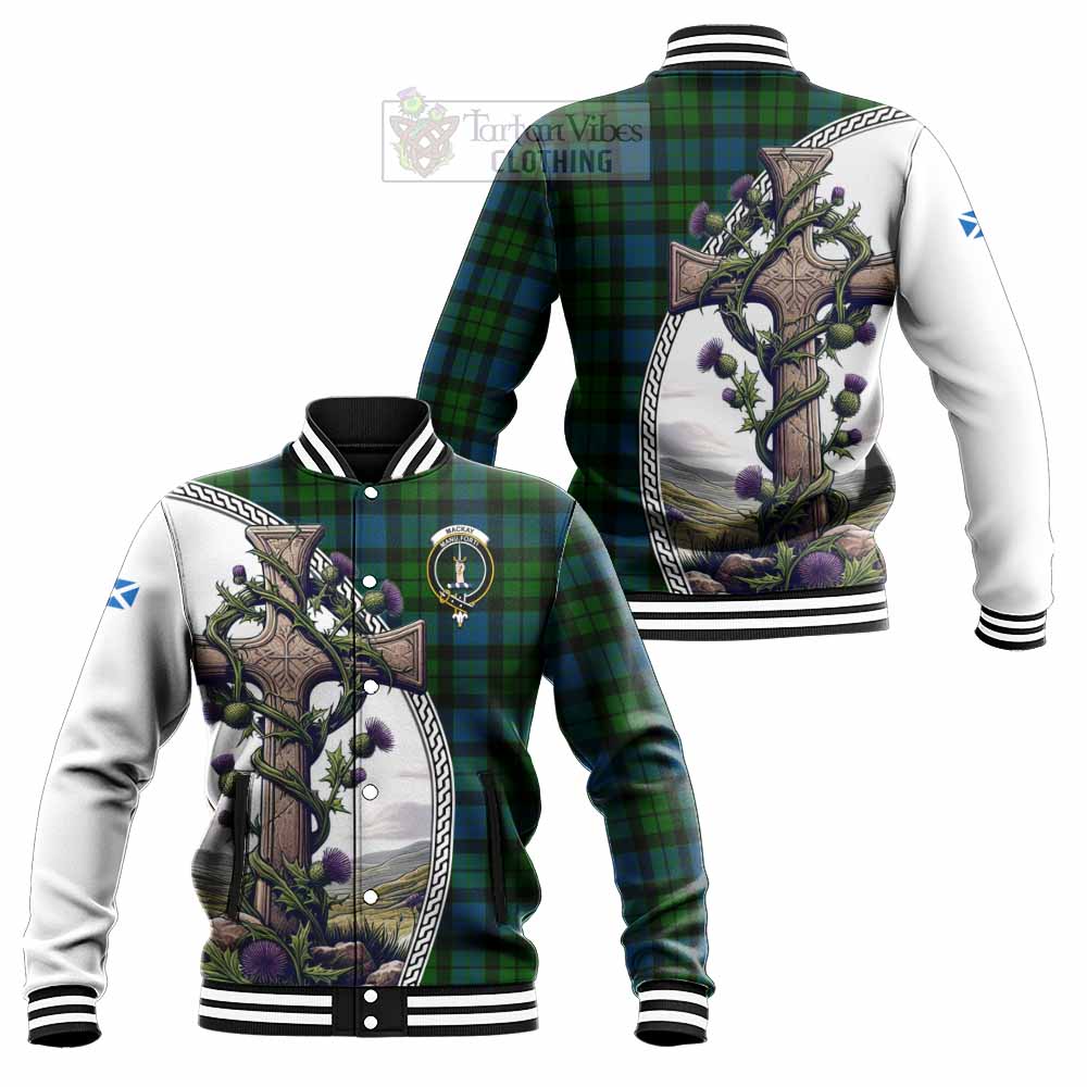 Tartan Vibes Clothing MacKay (McKay) Tartan Baseball Jacket with Family Crest and St. Andrew's Cross Accented by Thistle Vines