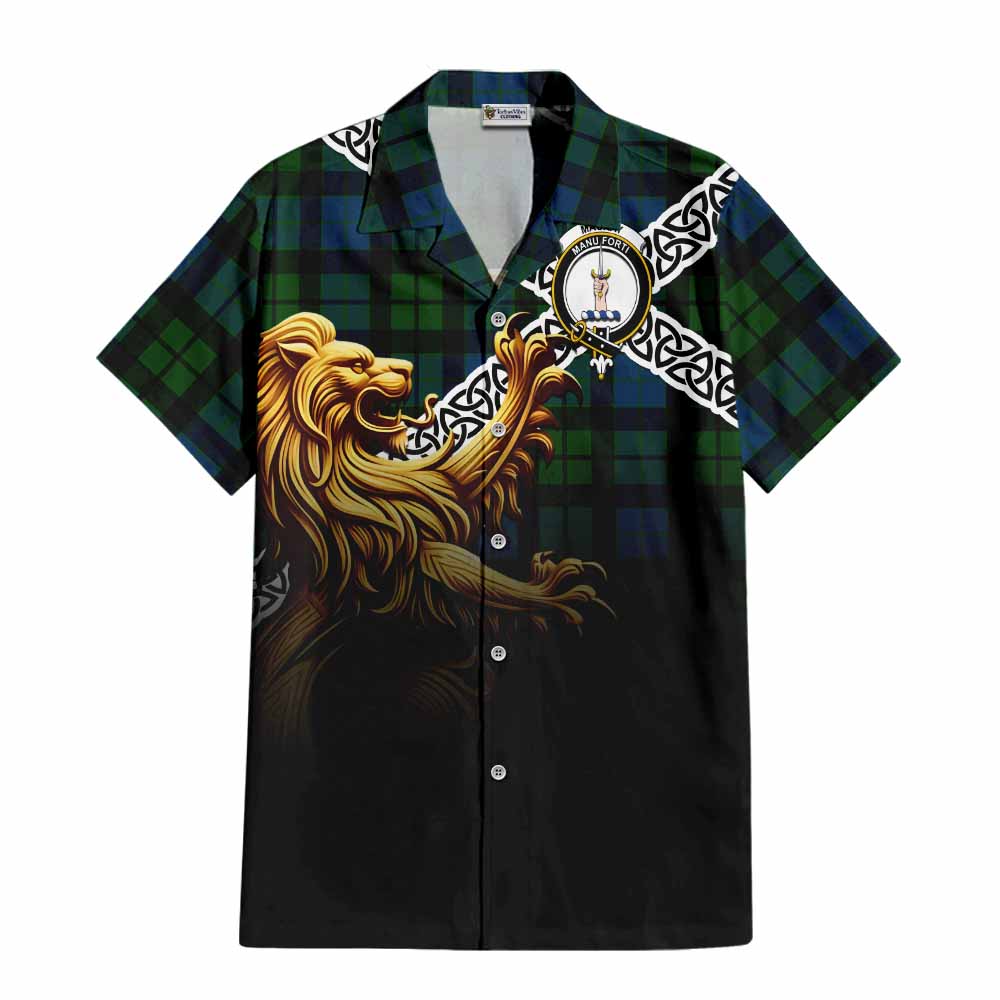 Tartan Vibes Clothing MacKay (McKay) Crest Tartan Short Sleeve Button Shirt with Golden Lion Emblem Celtic Style