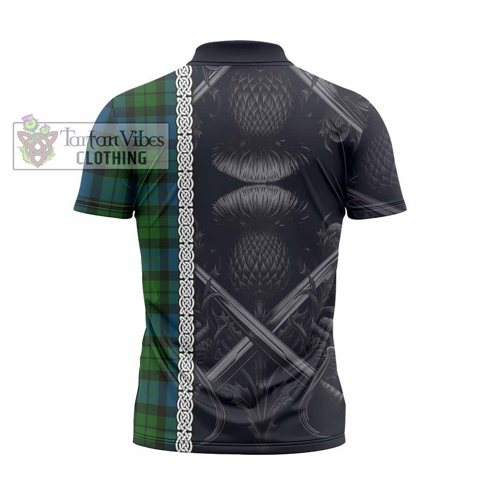 Tartan Vibes Clothing MacKay (McKay) Tartan Zipper Polo Shirt with Family Crest Cross Sword Thistle Celtic Vibes