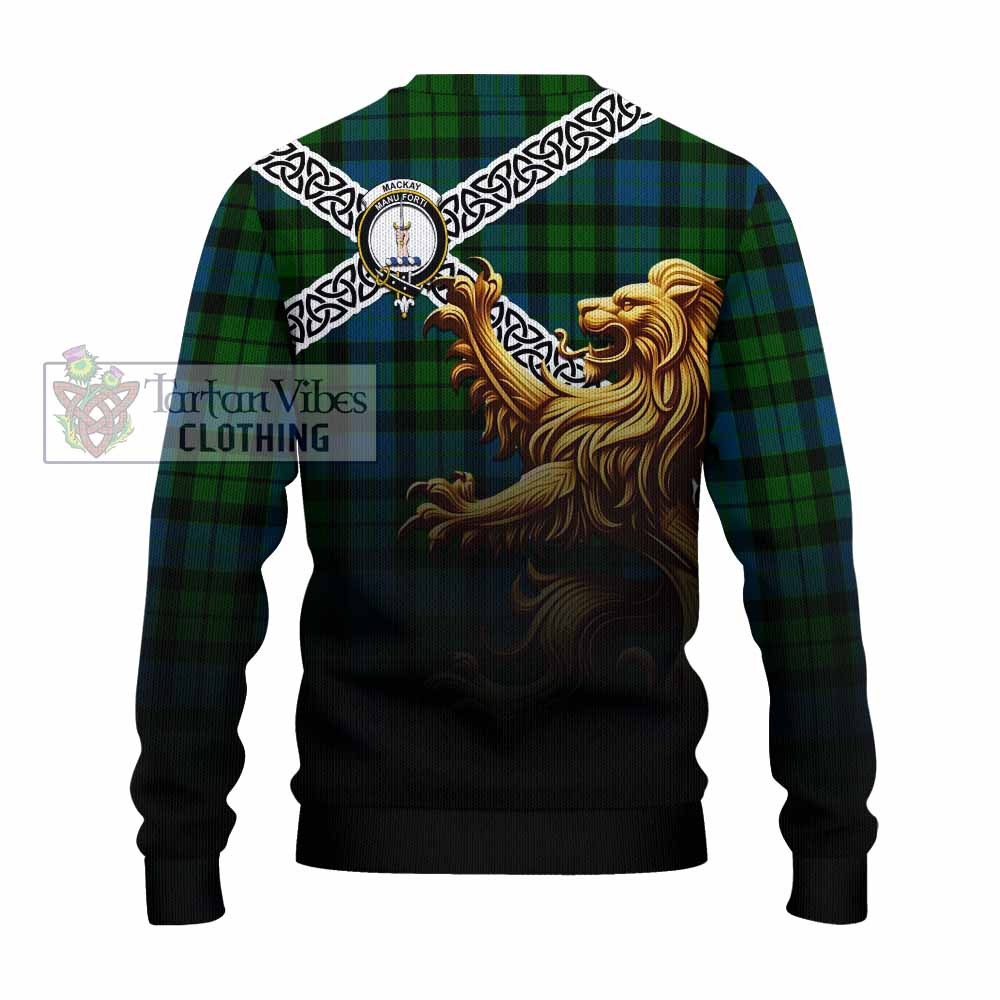 Tartan Vibes Clothing MacKay (McKay) Crest Tartan Knitted Sweater with Golden Lion Emblem Celtic Style
