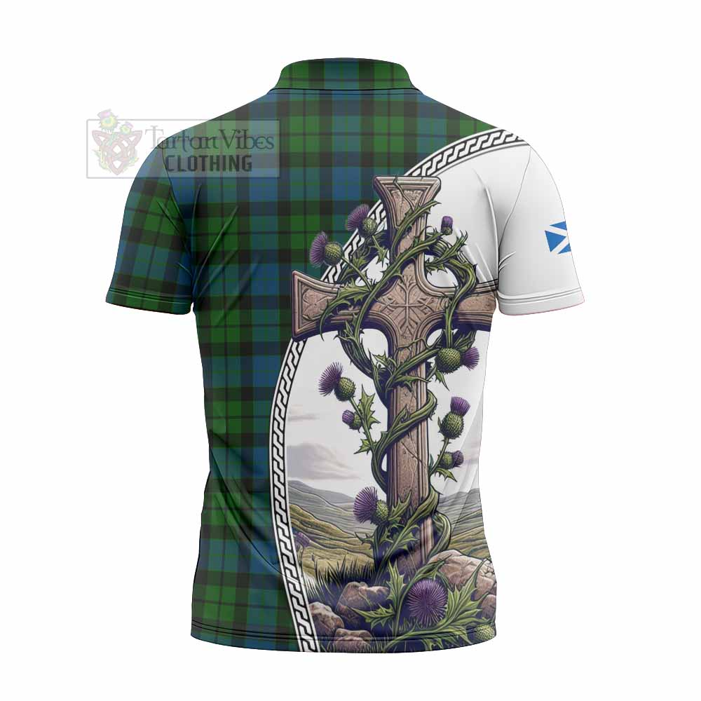 Tartan Vibes Clothing MacKay (McKay) Tartan Zipper Polo Shirt with Family Crest and St. Andrew's Cross Accented by Thistle Vines