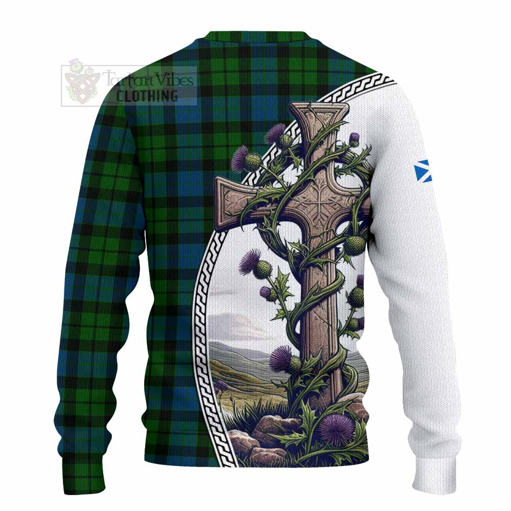 Tartan Vibes Clothing MacKay (McKay) Tartan Knitted Sweater with Family Crest and St. Andrew's Cross Accented by Thistle Vines
