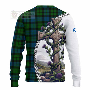 Tartan Vibes Clothing MacKay (McKay) Tartan Knitted Sweater with Family Crest and St. Andrew's Cross Accented by Thistle Vines