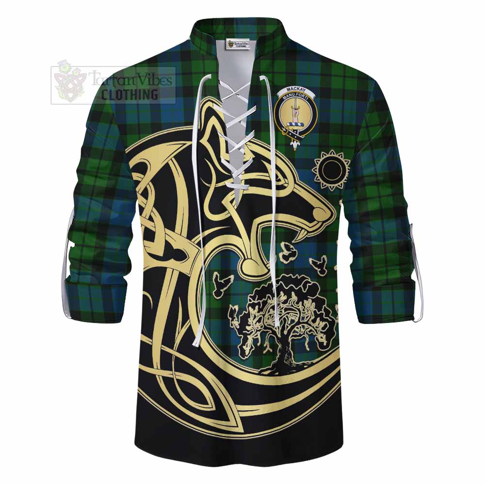 Tartan Vibes Clothing MacKay (McKay) Tartan Ghillie Kilt Shirt with Family Crest Celtic Wolf Style
