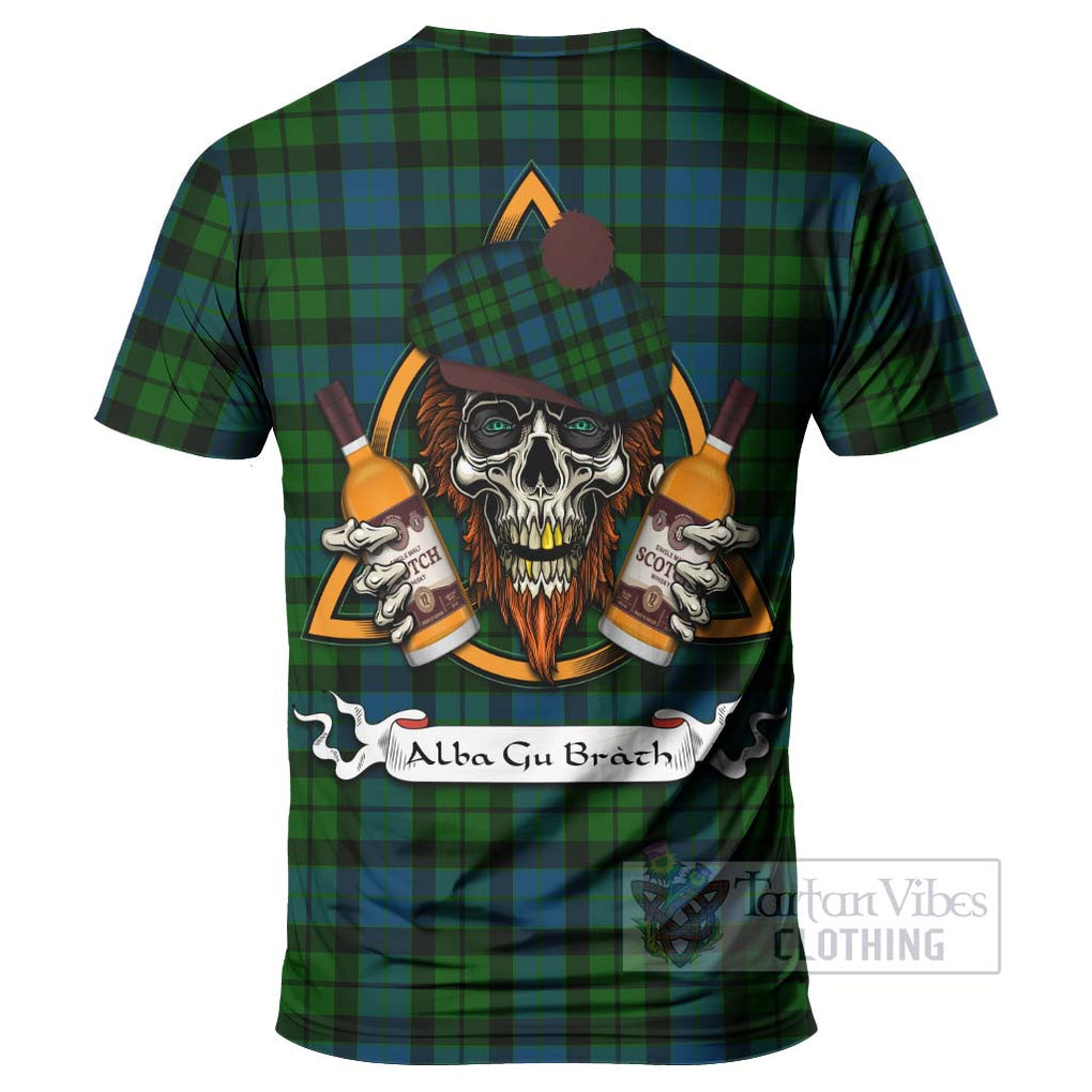 Tartan Vibes Clothing MacKay (McKay) Tartan T-Shirt with Family Crest and Bearded Skull Holding Bottles of Whiskey