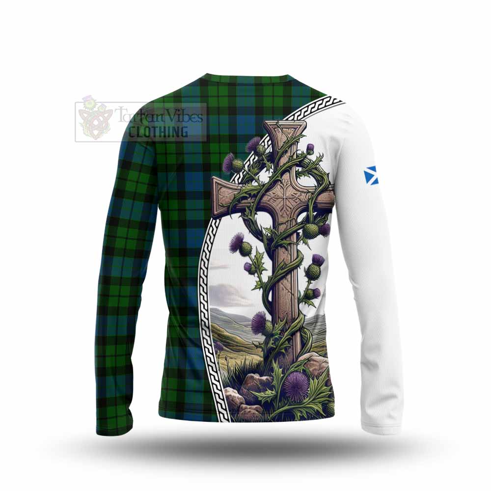 Tartan Vibes Clothing MacKay (McKay) Tartan Long Sleeve T-Shirt with Family Crest and St. Andrew's Cross Accented by Thistle Vines