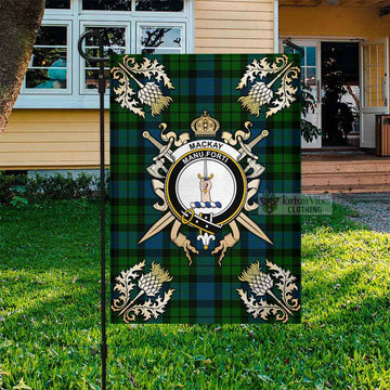 MacKay (McKay) Tartan Garden Flag with Family Crest and Golden Thistle Crossed Sword Design