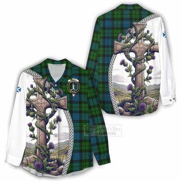 Tartan Vibes Clothing MacKay (McKay) Tartan Women's Casual Shirt with Family Crest and St. Andrew's Cross Accented by Thistle Vines