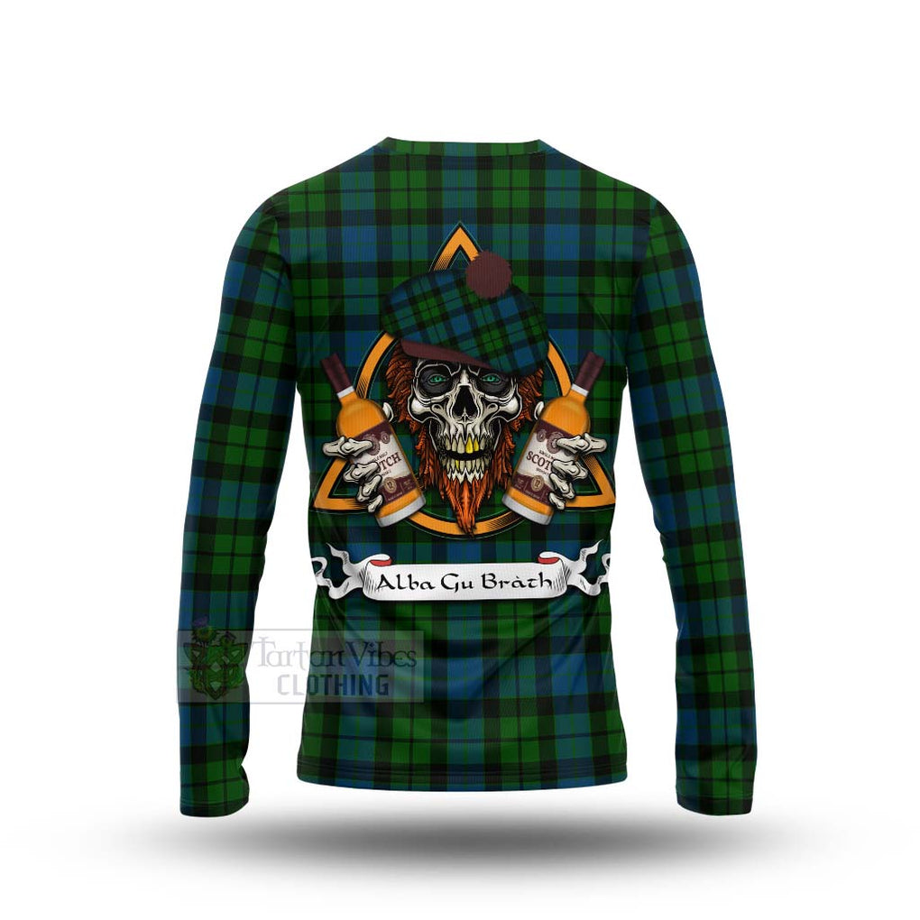 Tartan Vibes Clothing MacKay (McKay) Tartan Long Sleeve T-Shirt with Family Crest and Bearded Skull Holding Bottles of Whiskey