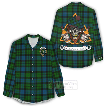 Tartan Vibes Clothing MacKay (McKay) Tartan Women's Casual Shirt with Family Crest and Bearded Skull Holding Bottles of Whiskey
