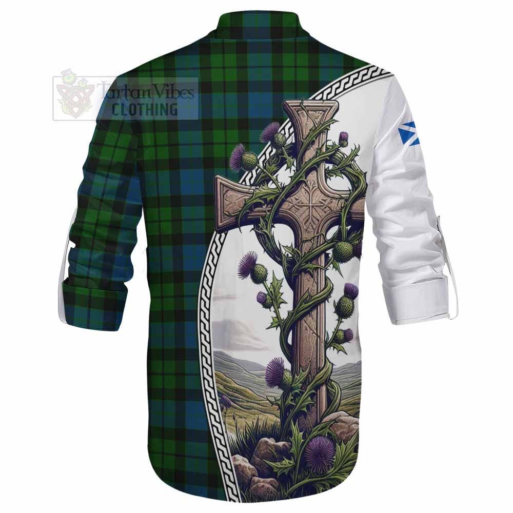 Tartan Vibes Clothing MacKay (McKay) Tartan Ghillie Kilt Shirt with Family Crest and St. Andrew's Cross Accented by Thistle Vines