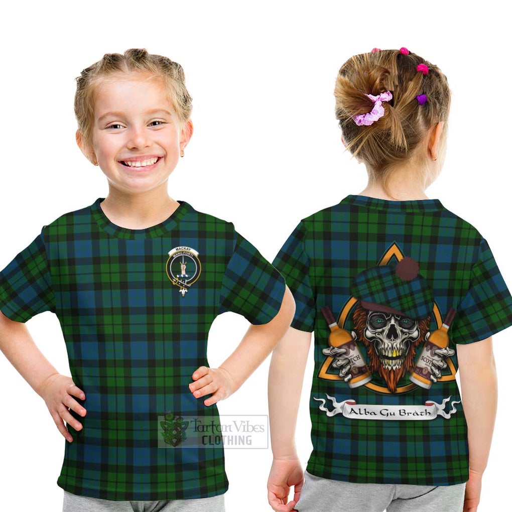 Tartan Vibes Clothing MacKay (McKay) Tartan Kid T-Shirt with Family Crest and Bearded Skull Holding Bottles of Whiskey