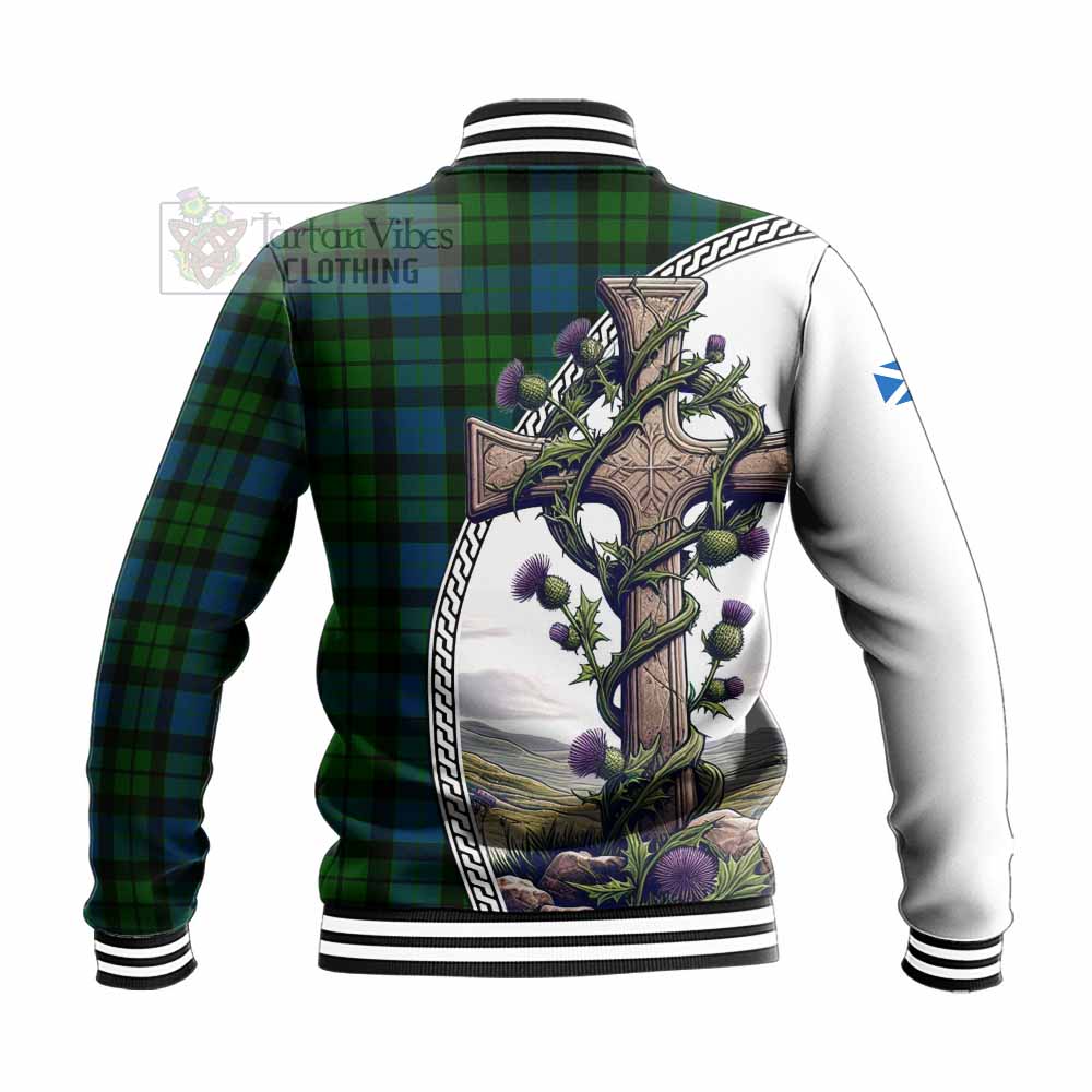 Tartan Vibes Clothing MacKay (McKay) Tartan Baseball Jacket with Family Crest and St. Andrew's Cross Accented by Thistle Vines